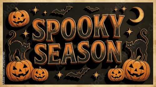 A festive halloween background featuring the text spooky season surrounded by carved pumpkins black cats stars and a crescent moon on black