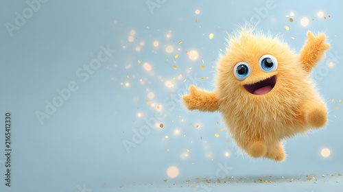 Cute Fluffy Yellow Monster Character with Big Eyes and Happy Expression Jumping in Sky
