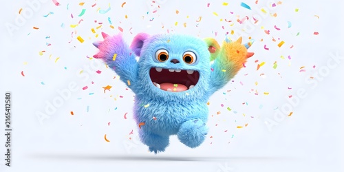 Colorful fluffy plush toy monster with rainbow horns celebrating among confetti