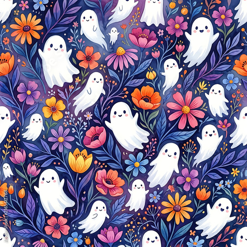 Cute ghosts and vibrant colorful flowers seamless pattern for Halloween