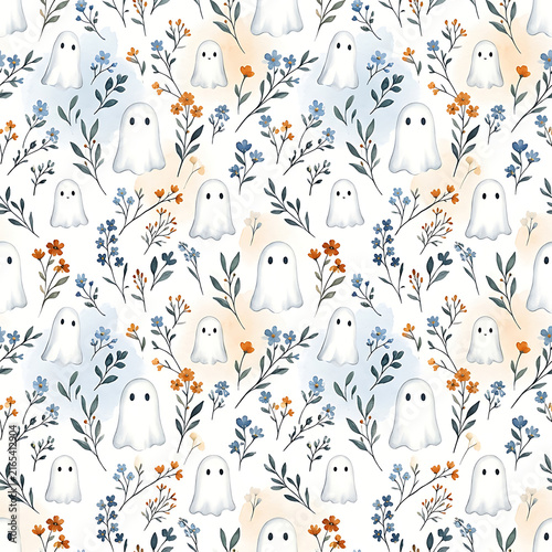 Cute little ghosts and wildflowers seamless pattern for spooky season