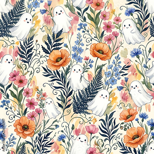 Cute Ghosts and Colorful Flowers Halloween Seamless Pattern