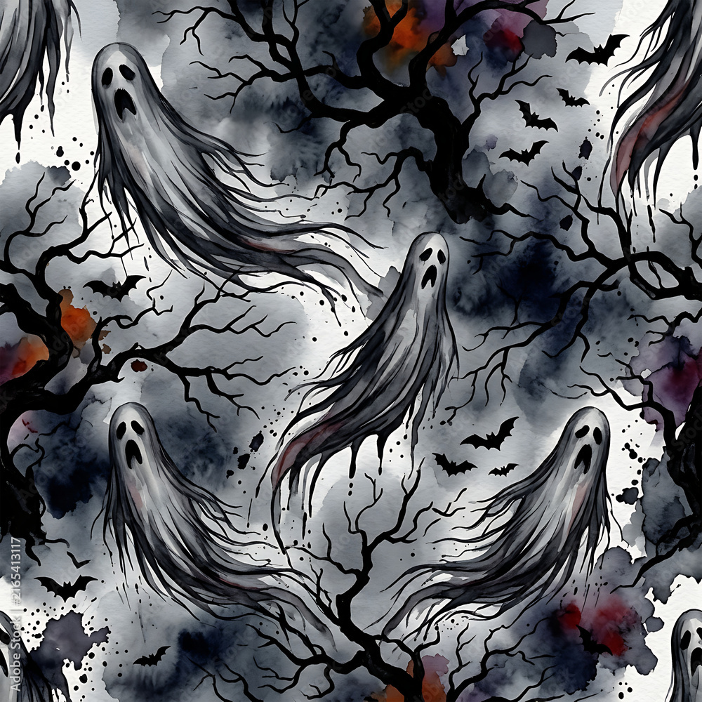 Spooky Halloween seamless pattern with scary flying ghosts, dead trees, and bats