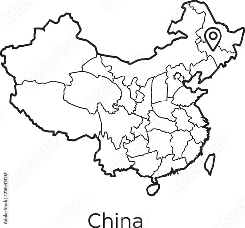 China map outline with provinces and pin icon. Minimalist black and white Chinese border vector. Geographic administrative regions map.