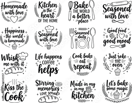 Vintage kitchen quotes collection, 16 rustic baking labels, black hand-drawn typography set for home decor and cooking crafts