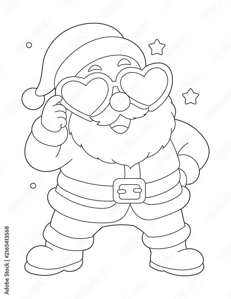 Fototapeta premium Santa Claus Wearing Love Heart Glasses Coloring Page for Kids. Easy Printable Christmas Holiday Activity Sheet.