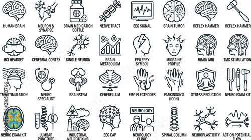 Comprehensive Medical Neurology Vector Icon Set Featuring Brain Anatomy Diagnostics and Nervous System Treatment Symbols