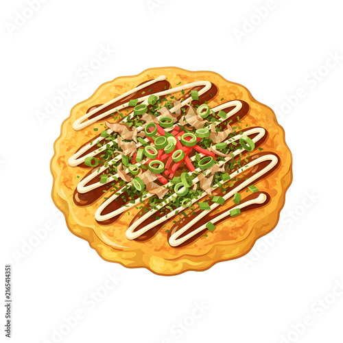 Delicious Japanese Okonomiyaki Savory Pancake Top View Vector Illustration Isolated on White Background