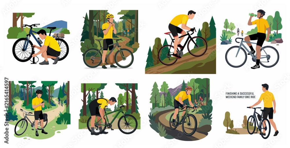 Fototapeta premium Vector Illustrations Set of a Male Cyclist Riding and Maintaining a Mountain Bike in the Forest for Outdoor Adventure, Fitness, and Active Lifestyle