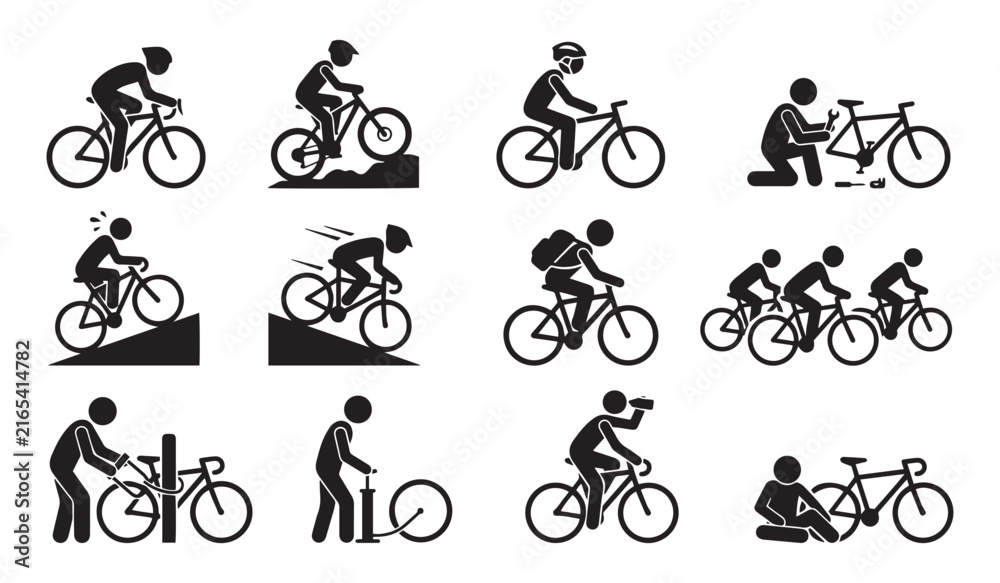 Obraz premium Cycling Pictogram Icon Set – Road Bike, Mountain Biking, BMX Jump, Group Ride, Bicycle Repair Silhouette Icons, Cycling Sport and Activity Lifestyle Set