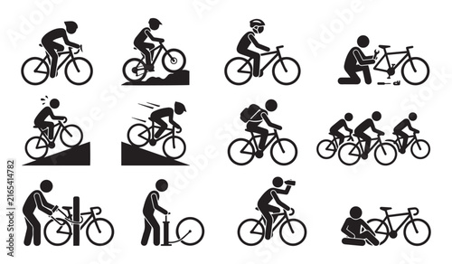 Cycling Pictogram Icon Set – Road Bike, Mountain Biking, BMX Jump, Group Ride, Bicycle Repair Silhouette Icons, Cycling Sport and Activity Lifestyle Set