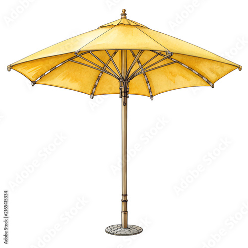 Yellow Patio Umbrella: A classic yellow patio umbrella with a wooden pole and intricate metal detailing provides shade, perfect for outdoor relaxation and gatherings.