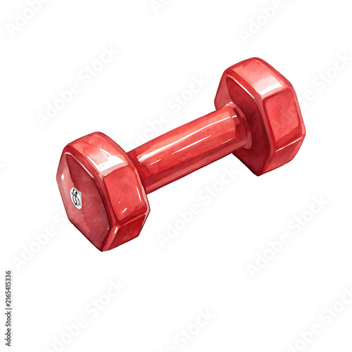 Red Dumbbell: A vibrant red dumbbell, rendered in watercolor, rests on a white background, symbolizing strength, fitness, and the pursuit of health.
