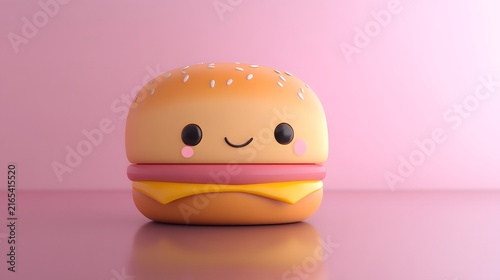 Adorable cartoon hamburger toy with smiling face on pink background