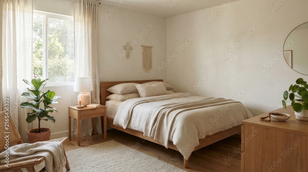 Fototapeta premium Bright Minimalist Bedroom with Natural Light and Plants.