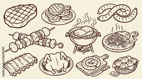 Hand Drawn Food Icons Set with Delicious Meals Snacks and Culinary Doodle Illustrations