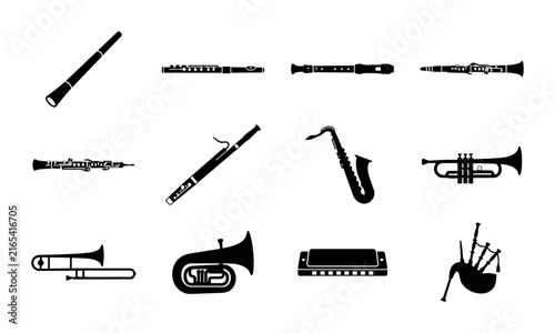 Foto Vector Set of 12 Musical Instruments, Woodwind and Brass Icons, Silhouette Colle