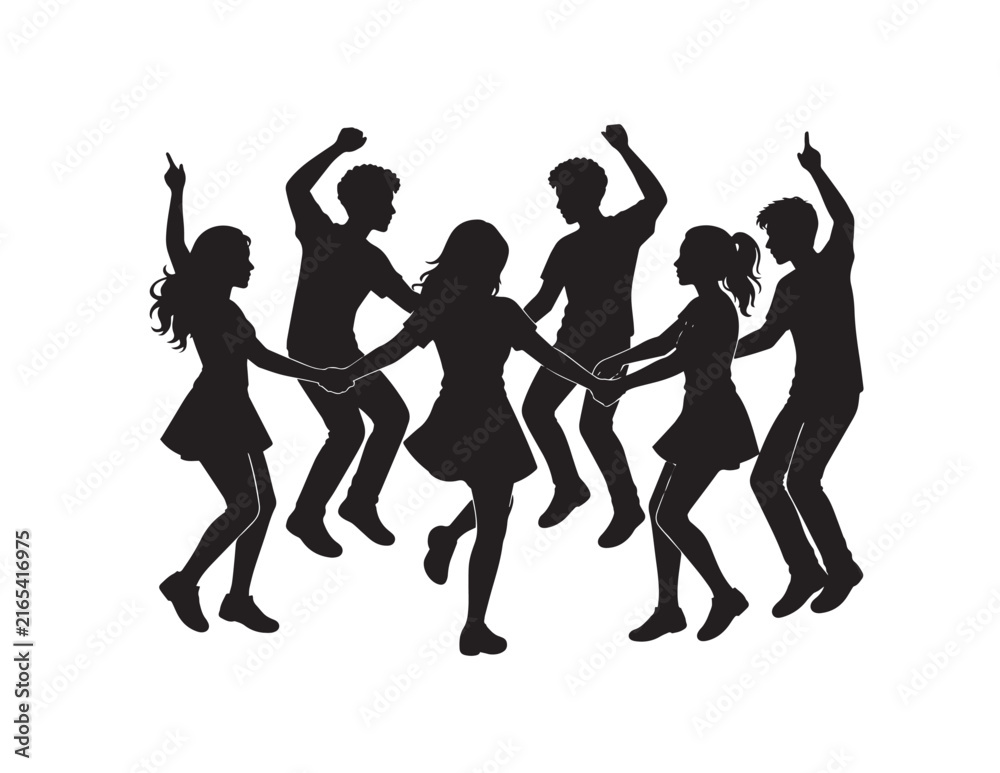 Fototapeta premium Group of energetic young people dancing in a circle for a New Year celebration vector art