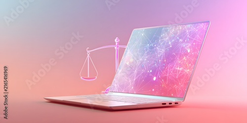 Sleek silver laptop with futuristic digital network display on pastel pink background