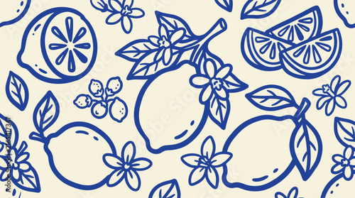 Vintage blue lemon seamless pattern, Mediterranean citrus fruit vector background, hand drawn lemon blossom textile print