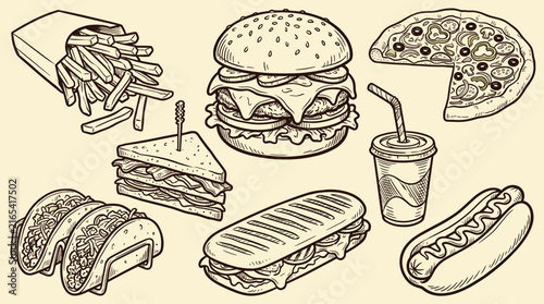 Vintage fast food vector set, retro hand drawn burger and pizza illustrations, engraved junk food icons for restaurant menus