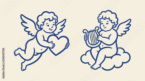 Vintage cupid line art set, cherub with heart and harp vector, retro romantic angel illustrations for Valentine's Day cards
