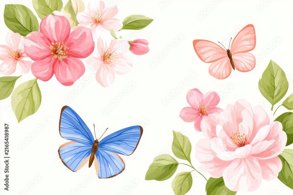 Naklejka premium Spring floral corner design with butterflies and blossoms