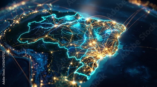 Brazil digital map features illuminated communication routes and data connections.
