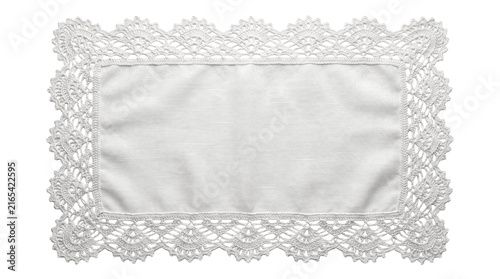 White crochet lace rectangular doily with textured fabric isolated on transparent background