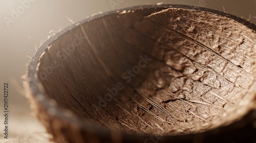 Coconut shell interior texture displayed in close-up. Natural light emphasizes fibrous structure, organic surface. Brown tones contrast with rough, cracked patterns. Suggests eco-friendly material