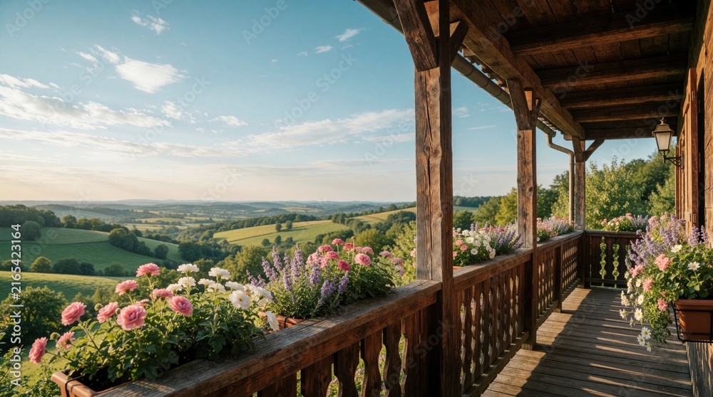 Fototapeta premium Wooden balcony with colorful flowers overlooks scenic countryside landscape. Pink, white blossoms in planters decorate rustic porch. Rolling green hills, trees under blue sky create peaceful rural