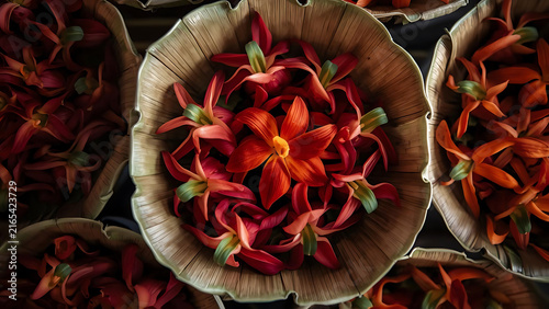 Vibrant Red and Orange Lily Flowers Arranged in Decorative Rustic Bowls, Close-up Top View