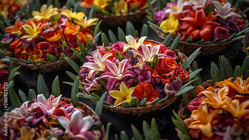 Vibrant Spring Flower Arrangements in Woven Baskets - Colorful Blooms and Green Foliage Close-up
