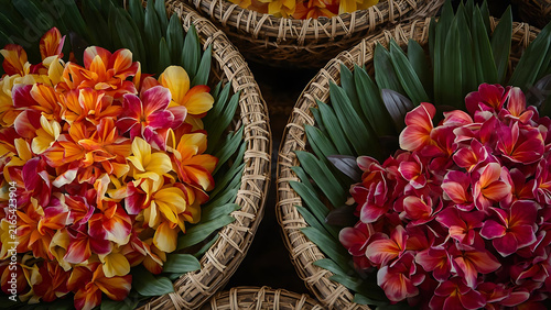 Vibrant Tropical Flower Bouquets in Woven Baskets: Orange, Yellow, Pink, and Red Plumeria Blooms