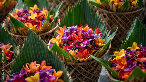Vibrant Tropical Flower Bouquets in Woven Baskets, Exotic Floral Arrangement, Natural Decoration, Tropical Resort Decor