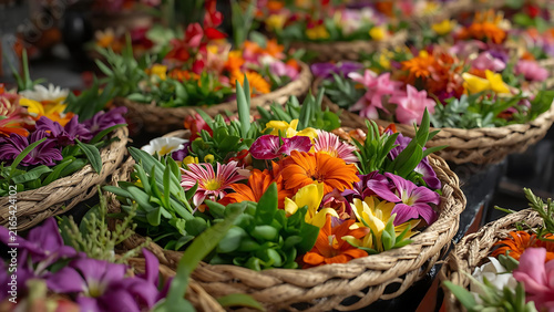 Vibrant Woven Baskets Overflowing with Assorted Fresh Colorful Flowers and Greenery