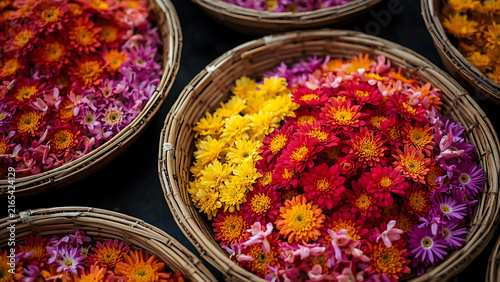 Vibrant Woven Baskets Overflowing with Colorful Chrysanthemums, Autumn Floral Display
