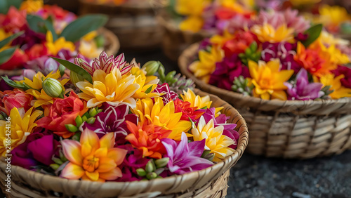 Vibrant Woven Baskets Overflowing with Exotic Tropical Flowers in Bright Colors - Floral Arrangement