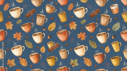 seamless watercolor surface pattern featuring generic warm coffee cups, steaming mugs