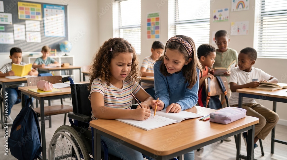 Obraz premium Two schoolgirls work at a desk, one seated in a wheelchair writing in a notebook while a classmate helps; other children sit behind them in a bright classroom with posters
