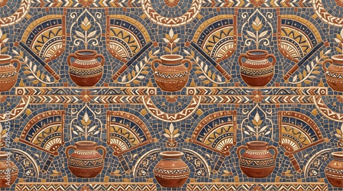 Ornate ceramic mosaic wall pattern with classical pottery jugs and decorative fan motifs for Mediterranean interiors.