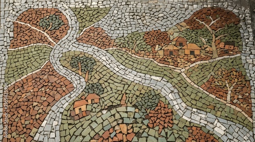 Rustic mosaic landscape art with earthy tones depicts village scenery perfect for historical architectural interiors.