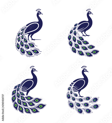Set of four elegant peacock bird logo icons with decorative tail feathers in blue and green.