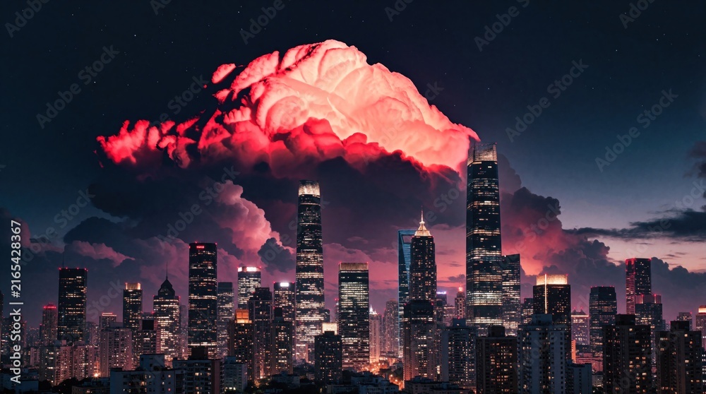Obraz premium City skyline at twilight with glowing red clouds over illuminated skyscrapers. Tall modern buildings light up a vast urban landscape under a starry sky.