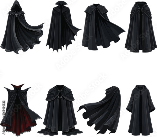 Black Hooded Cape Fantasy Costume Vector Set