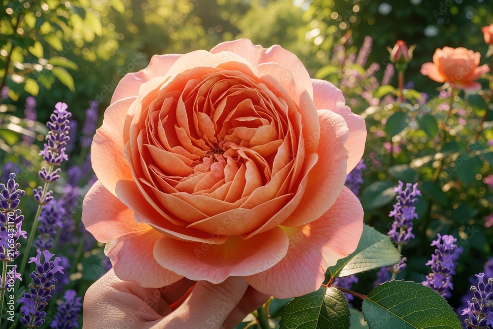 Naklejka premium Close up of salmon rose Lady of Shalott blooming in summer garden. Human hand holds large peach colored flower among purple lavender. Beautiful garden shrub grows in sunny outdoor park with green