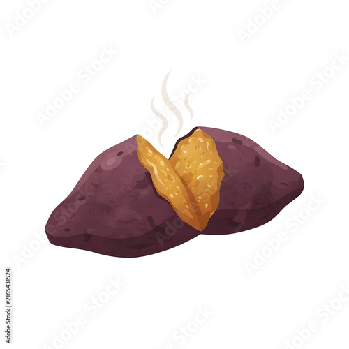 Baked Japanese Purple Sweet Potato Split Open with Steam Vector Illustration