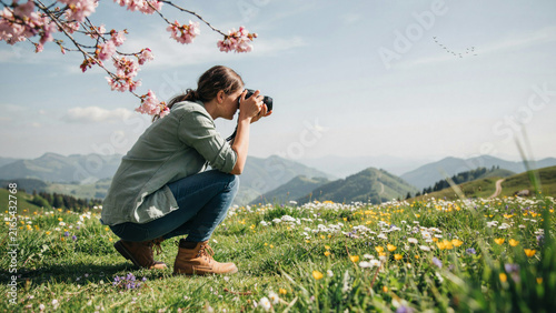 Black bear standing on hind legs reaching for red berries on a bush in a lush