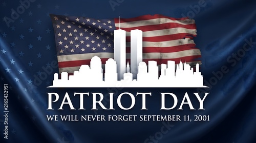 Patriot day memorial graphic featuring the new york city skyline silhouette with twin towers and an american flag background for september eleventh