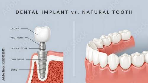 Dental implant structure compared to natural teeth in jaw anatomy
